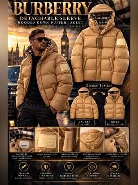 Burberry Detachable Sleeve Check Hooded Puffer Jacket in Warm Honey🔥New! XL
